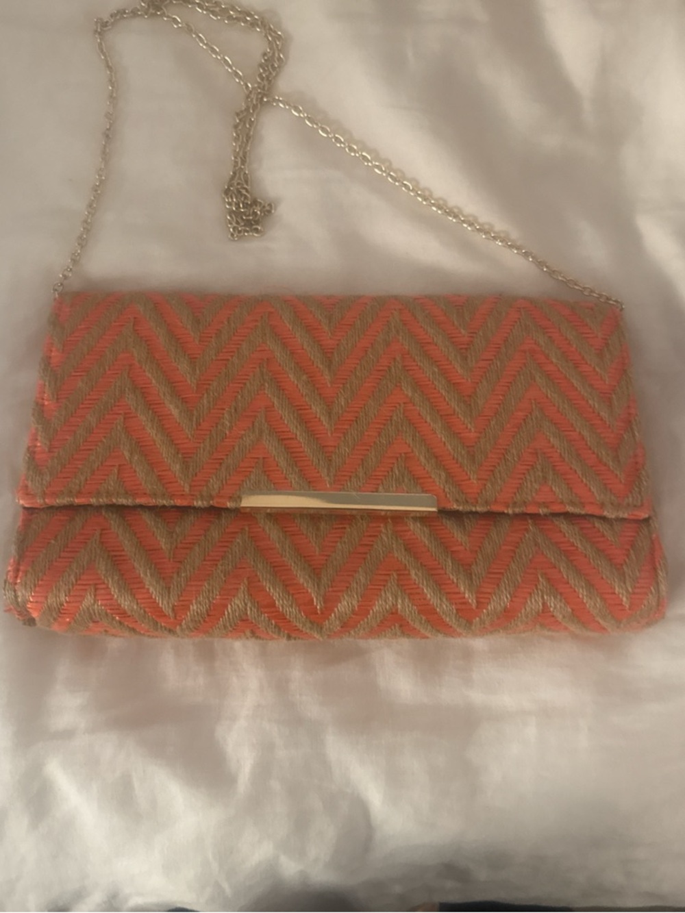 Woven Chevron Envelope Clutch in Coral and Tan with Chain Strap